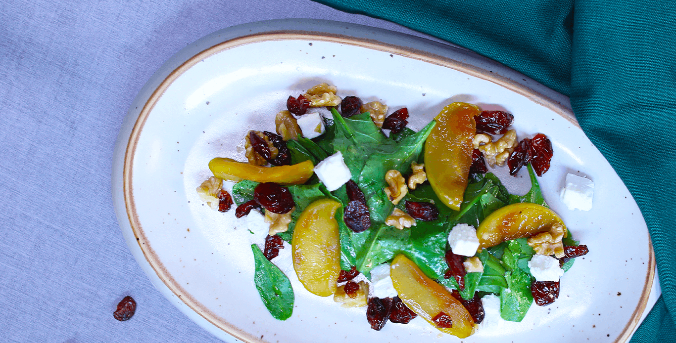 Caramelized Apple Spinach Feta Salad with Walnuts